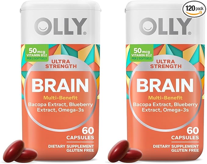 OLLY Ultra Strength Brain Softgels, Nootropic, Supports Healthy Brain Function, Memory, Focus and Concentration, Omega-3s, Vitamins B6 and B12, 30 Day Supply - 60 Count (Pack of 2)
