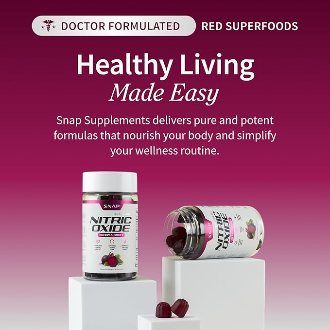 Snap Supplements Nitric Oxide Beet Root Gummies – Beet Root Supplement with Pomegranate Powder Supports Healthy Circulation & Natural Energy, 60 Sugar-Free Gummies (1 Month Supply), Cherry