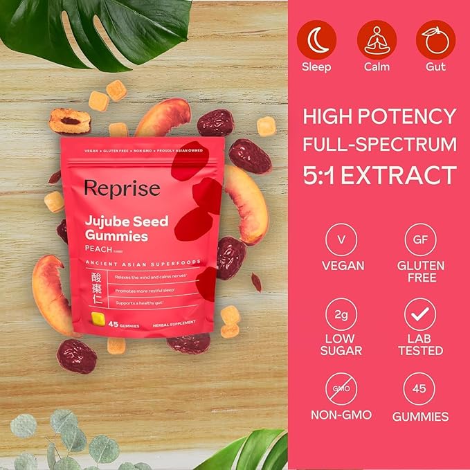 Reprise Jujube Seeds in Daily Gummies, 300 mg Full-Spectrum Jujube Seeds, Supports Relaxation & Restful Sleep, 100% Plant Based Vegan & Gelatin Free, Peach Flavored, 45 Gummies (Pack of 3)