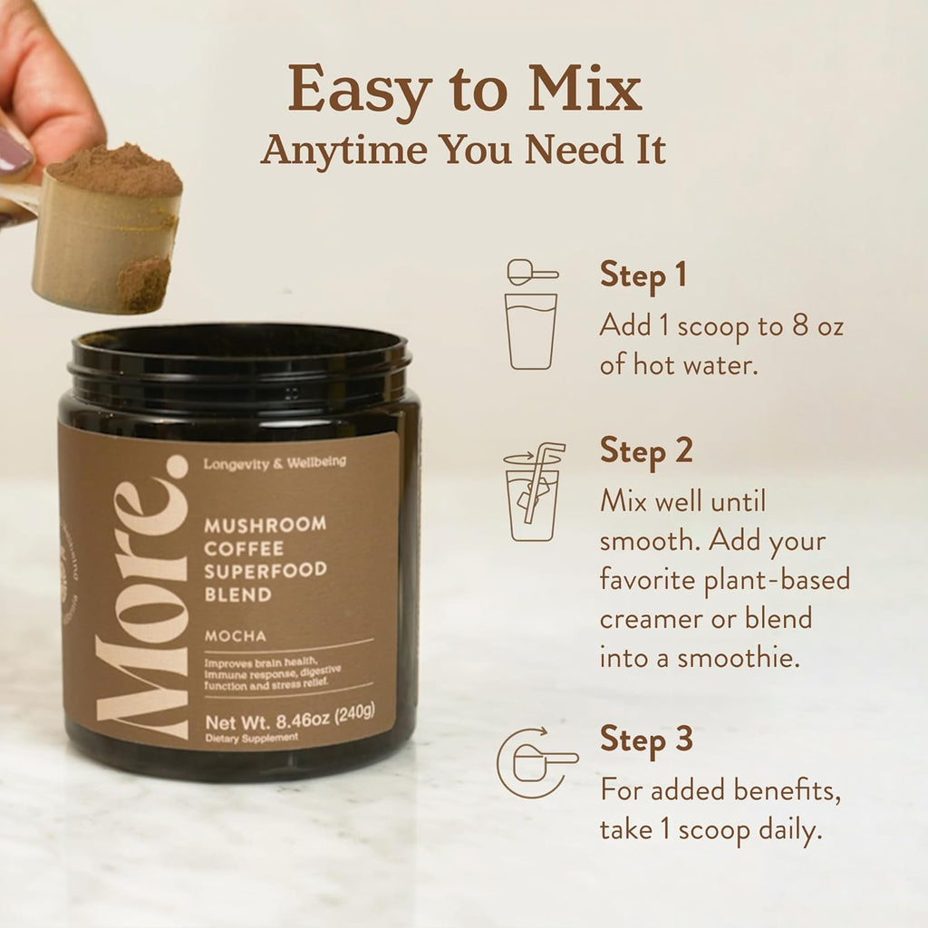 More. Longevity & Wellbeing Mushroom Coffee Superfood – 7 Functional Mushrooms with Lion’s Mane, Reishi, Chaga & Ashwagandha Extract, Instant Coffee Alternative with Prebiotics and Essential Vitamins for Focus & Energy, Mocha