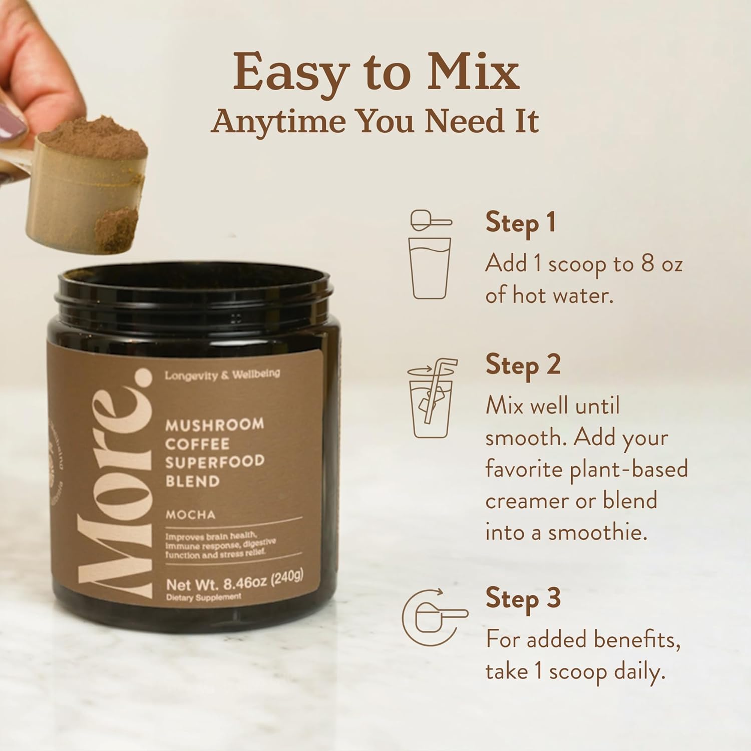More. Longevity & Wellbeing Mushroom Coffee Superfood – 7 Functional Mushrooms with Lion’s Mane, Reishi, Chaga & Ashwagandha Extract, Instant Coffee Alternative with Prebiotics and Essential Vitamins for Focus & Energy, Mocha