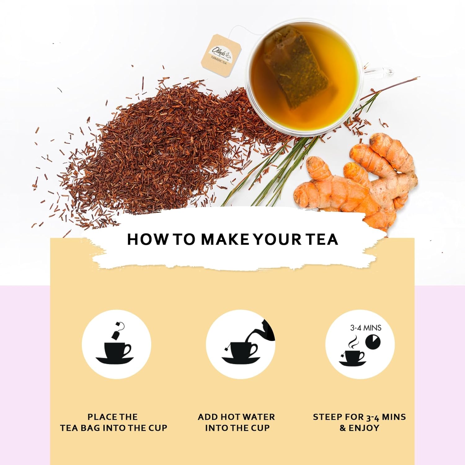 Olinda Turmeric Rooibos and Pepper Herbal Tea Organic Caffeine Free Tea for Weight Loss Detox and Antioxidant Support 28 Tea Bags Hot or Cold Brew