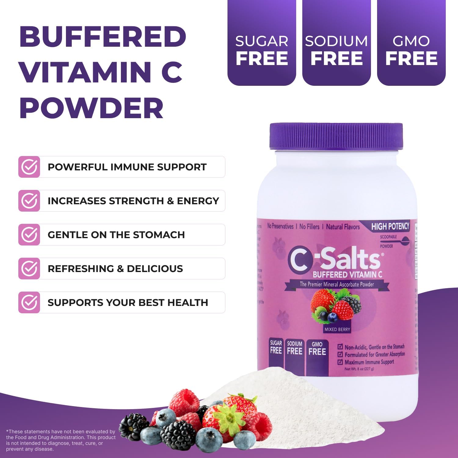 C-Salts Original Vitamin C Powder Supplement - 100% Pure High Dose Buffered Vitamin C Powder for Immune Support - Sugar-Free Powdered Drink Ascorbate, Organic, Stomach-Friendly, Mixed Berry 8oz