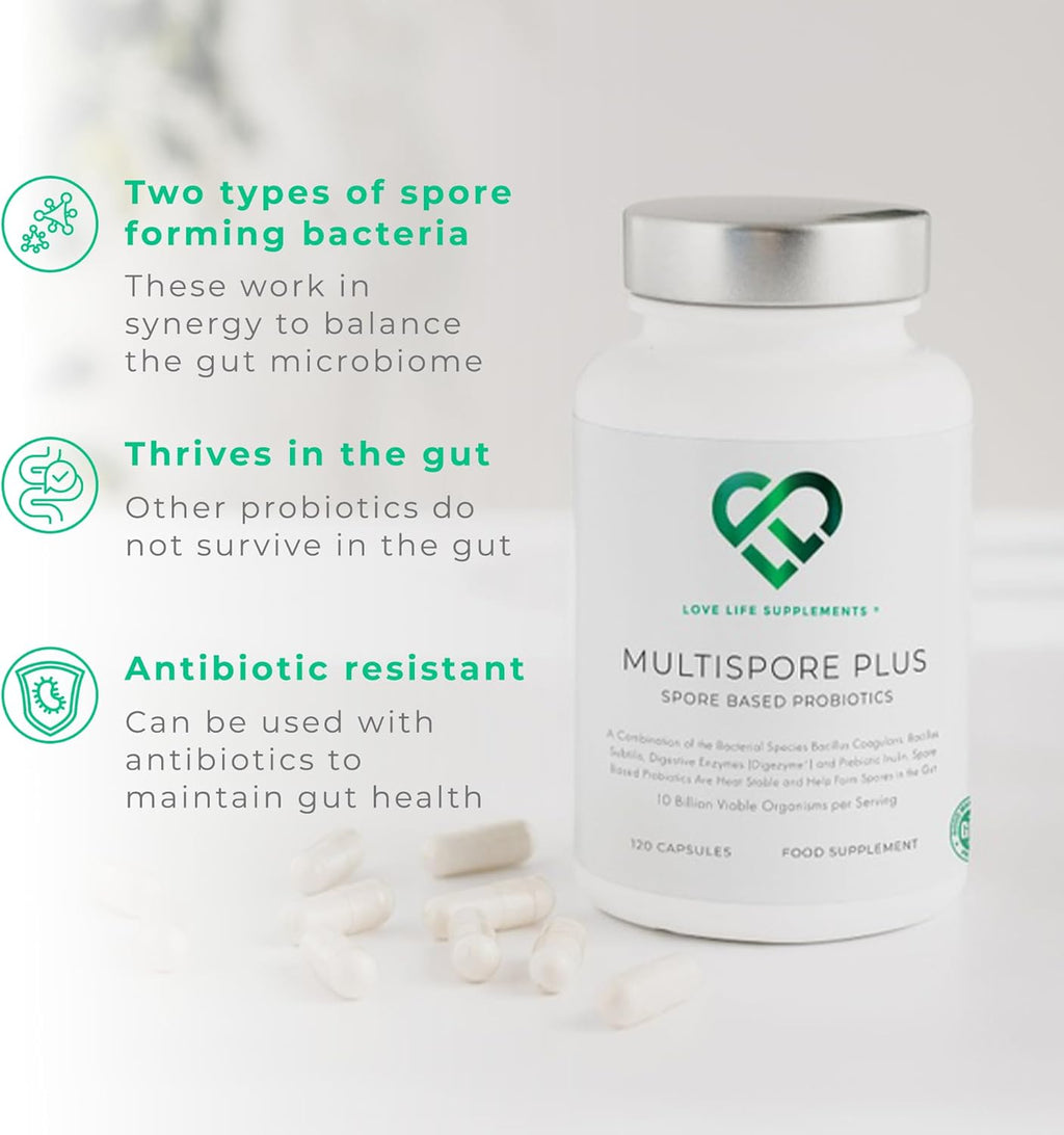 MultiSpore® Plus (Bacillus Coagulans & Bacillus Subtilis) Spore Based Probiotic | 120 Capsules - 4 Month Supply | Bloating Relief/Gut Health | Includes Digestive Enzymes & Prebiotic Inulin | UK Made