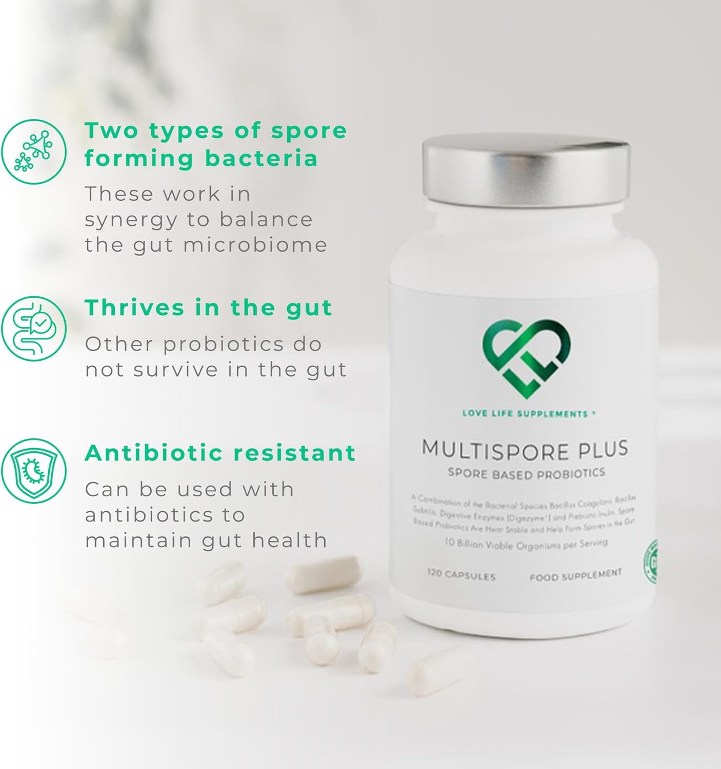 MultiSpore® Plus (Bacillus Coagulans & Bacillus Subtilis) Spore Based Probiotic | 120 Capsules - 4 Month Supply | Bloating Relief/Gut Health | Includes Digestive Enzymes & Prebiotic Inulin | UK Made