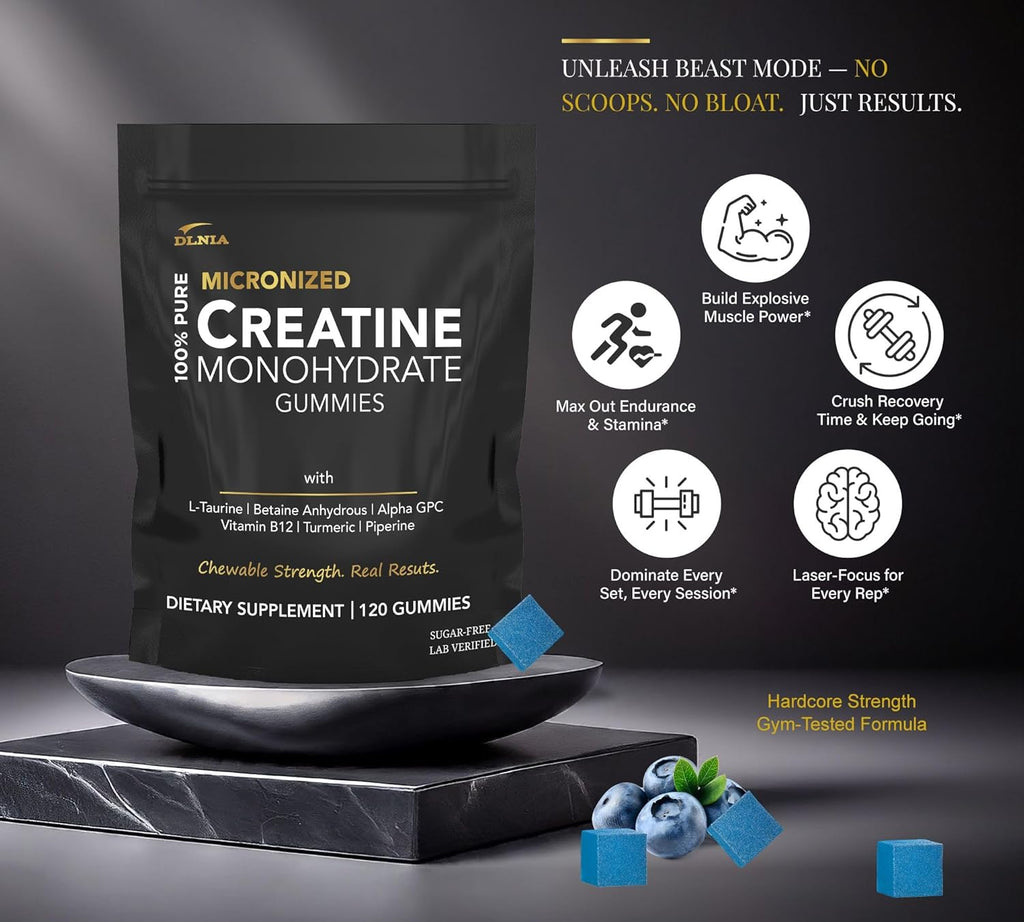 Creatine Monohydrate Gummies for Men & Women - Sugar Free & Vegan Advanced Formula W/L-Taurine + Vitamin B12 - for Muscle Strength, Muscles Builder, Recovery, Energy Boost, Pre-Workout Supplement