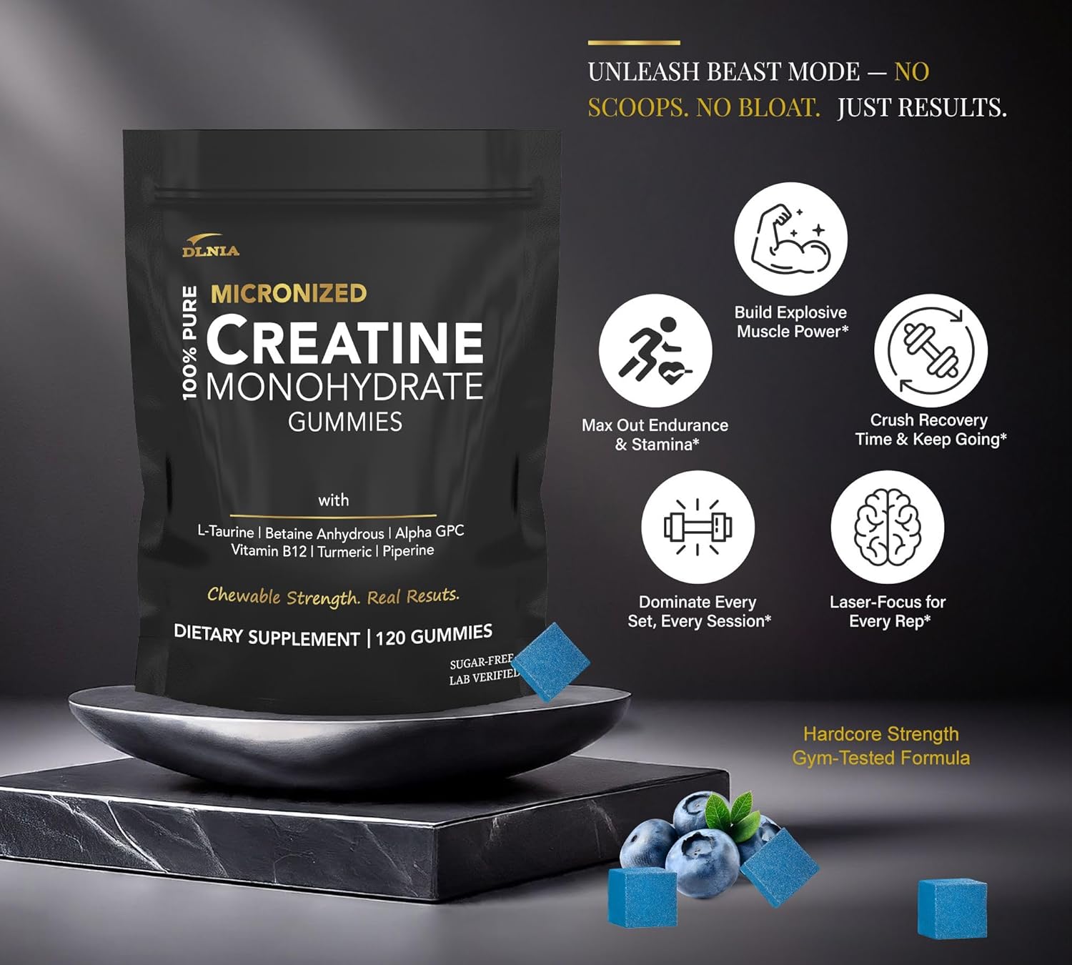 Creatine Monohydrate Gummies for Men & Women - Sugar Free & Vegan Advanced Formula W/L-Taurine + Vitamin B12 - for Muscle Strength, Muscles Builder, Recovery, Energy Boost, Pre-Workout Supplement