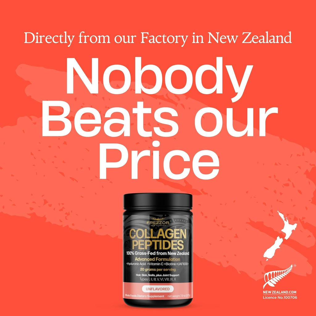 FREZZOR Collagen Peptides Powder, Fine Lines & Wrinkles, Hair & Nails, Supports Youthful Flexibility & Mobility, 100% New Zealand Hydrolyzed Beef Bone Collagen, Unflavored 450g 2 Jars