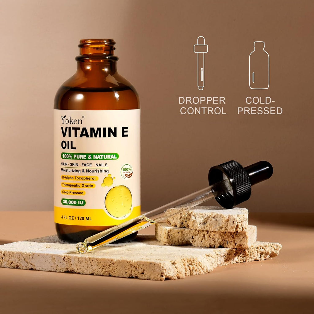 Yoken Vitamin E Oil 4 Fl Oz Organic Vitamin E oil for Skin 30,000 IU Vitamine oils for Scars Hair, Face, Nail, Scalp Perfect Bath and Body Oil, Cold Pressed Hexane Free Non-GMO Gluten Free Formula