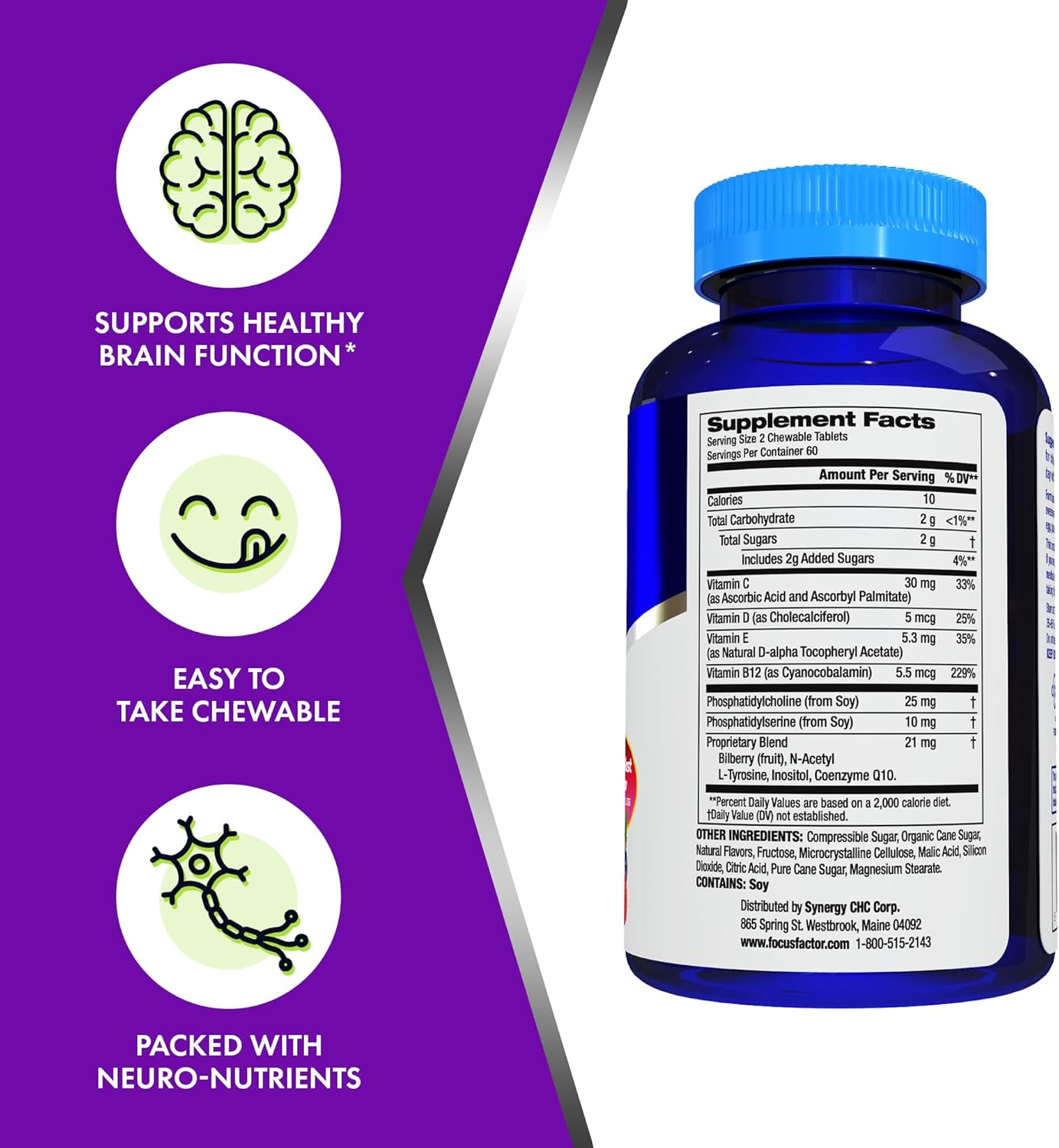 Focus Factor Kids Extra Strength Daily Chewable for Brain Health Support, 120 Count – Vitamins - Quality Formula – Gluten & Dairy Free Supplements for Children – No Artificial Sweetener