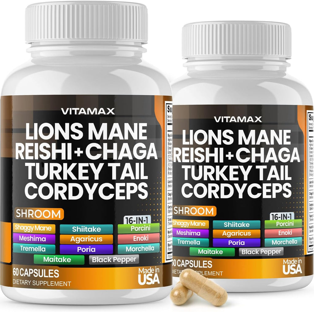 Lions Mane Mushroom, Turkey Tail, Chaga & Reishi, Cordyceps Shiitake White Elm King Trumpet Nameko Oyster Porcini Focus & Energy - Made in USA