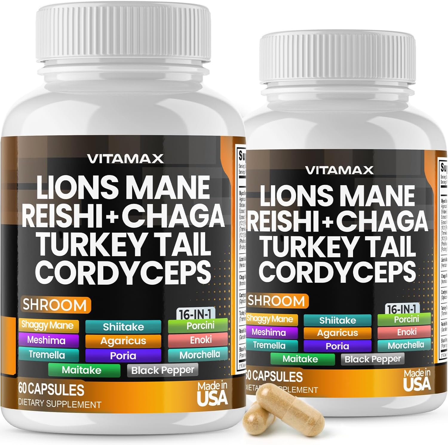 Lions Mane Mushroom, Turkey Tail, Chaga & Reishi, Cordyceps Shiitake White Elm King Trumpet Nameko Oyster Porcini Focus & Energy - Made in USA