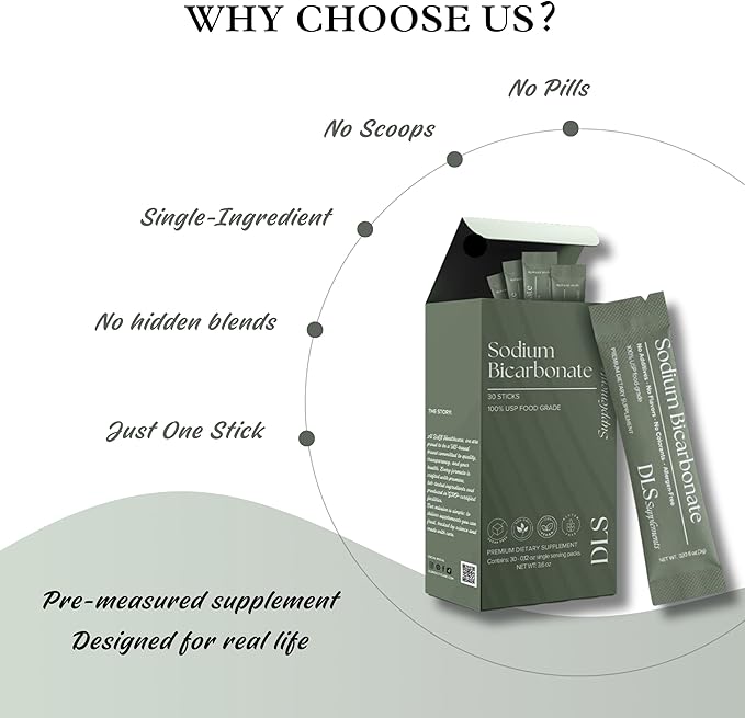 DLS Sodium Bicarbonate Supplement – Pure Organic Powder Sticks 3g Each, 30 Single-Serve Sachets – Vegan, Gluten Free, Non-GMO, Premium Dietary Supplement for Digestive Support & pH Balance, Fitness