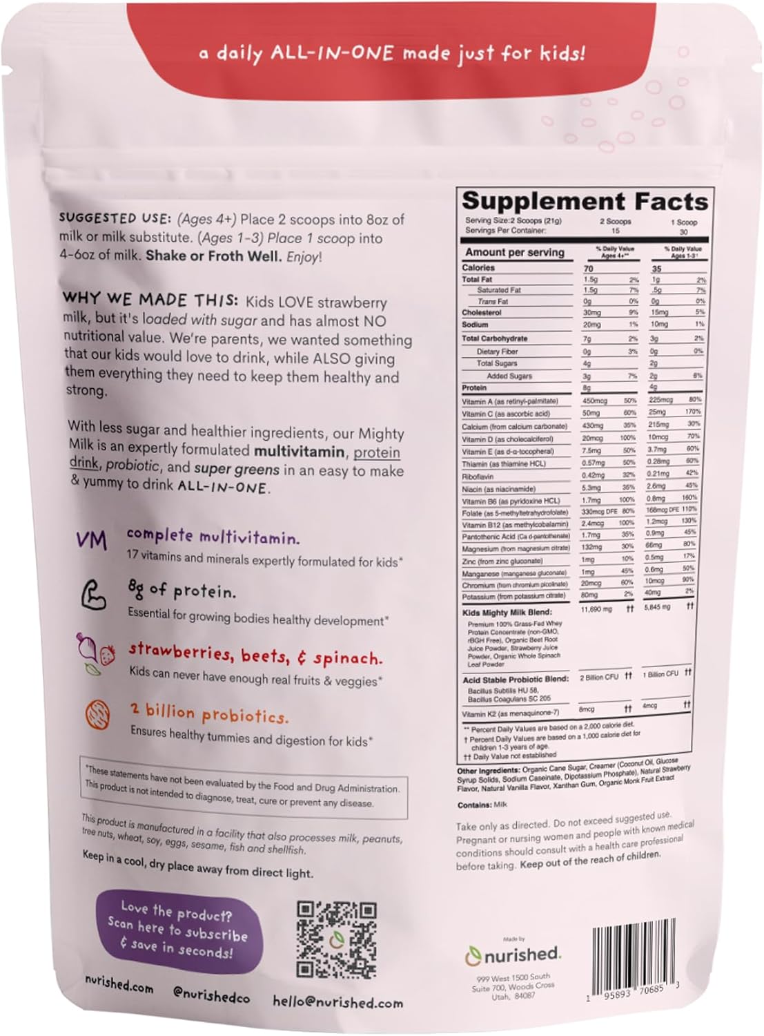 Mighty Strawberry Milk - Kids All-in-One Daily Protein Powder & Multivitamin Boosted with 2 Billion Probiotics & Organic Spinach - Natural Flavors, Colors & Sweeteners - 15-30 Servings