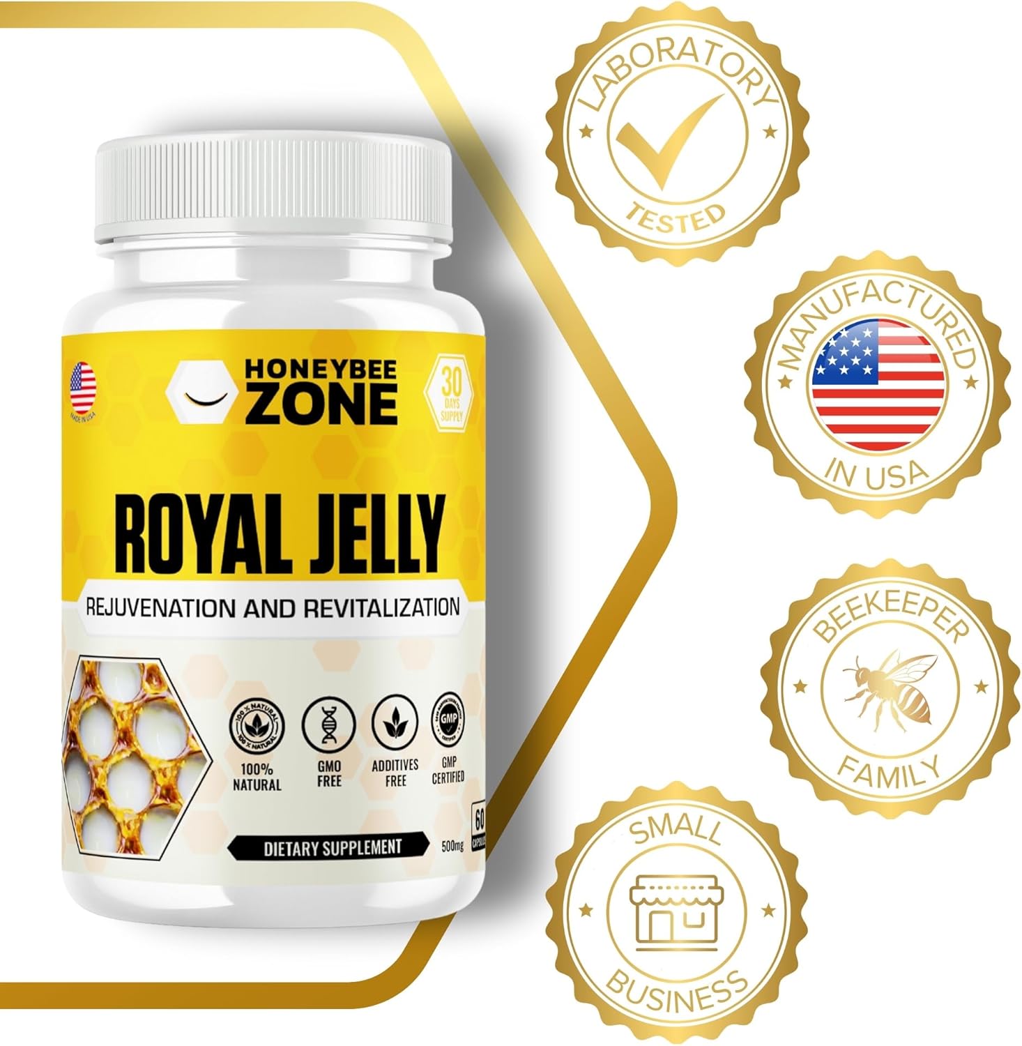 Royal Jelly Capsules – 500 mg Energy, Glowing Skin and Brain Booster Supplement | Non-GMO, Gluten-Free, 60 Easy-to-Swallow Veggie Capsules