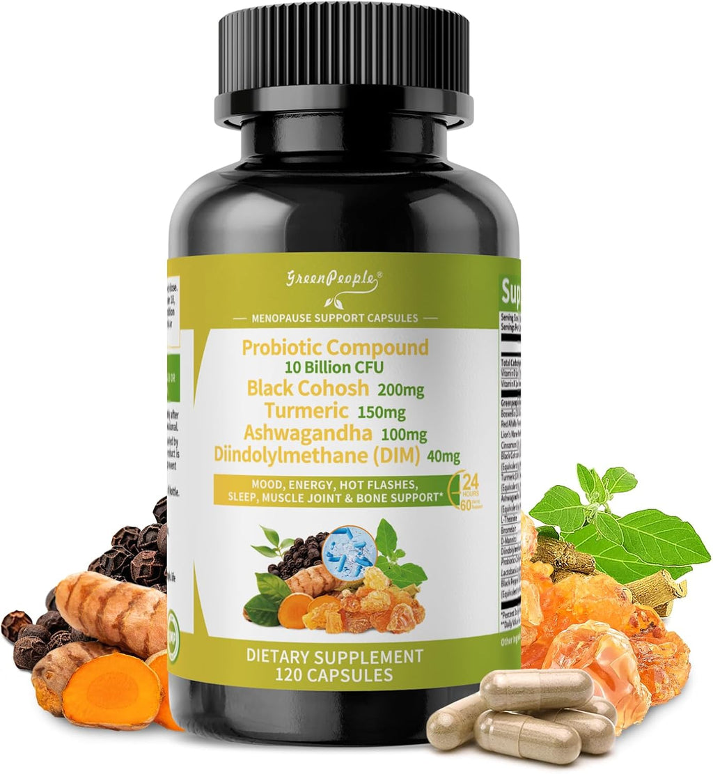 Menopause Supplements for Women - Black Cohosh & Ashwagandha for Hot Flashes, Night Sweats, Mood Swings, Hormonal Balance Support,10 Billion CFU Probiotic - 120 Capsules Vegan Gluten-Free