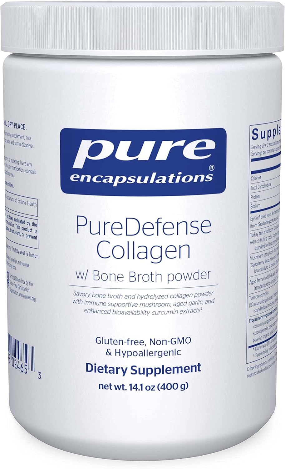 Pure Encapsulations PureDefense Collagen w/Bone Broth | Savory Bone Broth and Hydrolyzed Collagen Powder with Mushroom, Aged Garlic, and Enhanced Bioavailability Curcumin Extracts | 14.1 Ounces