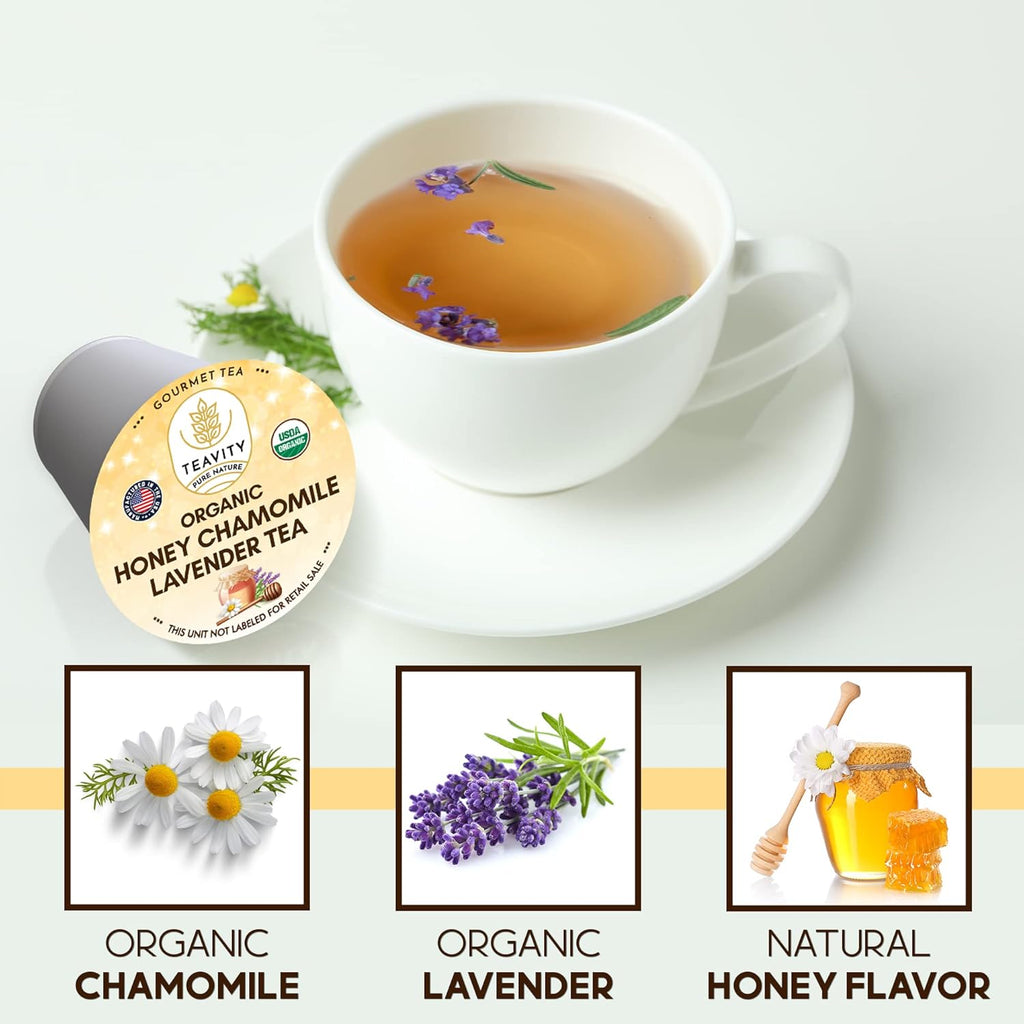 Organic Chamomile and Lavender Tea Pods for Keurig - Decaffeinated Tea for Keurig K Cups - Honey Chamomile Lavender by Teavity (24 Tea Pods)