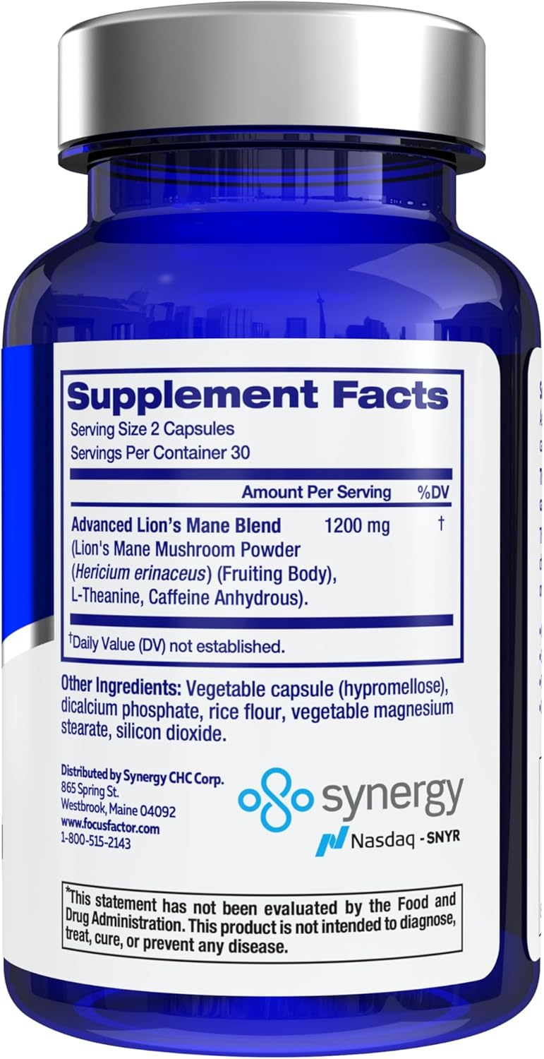 Focus Factor Lions Mane Plus, Advanced Nootropic with L-Theanine, Caffeine, Focus and Energy (60 Count) (Pack of 2)
