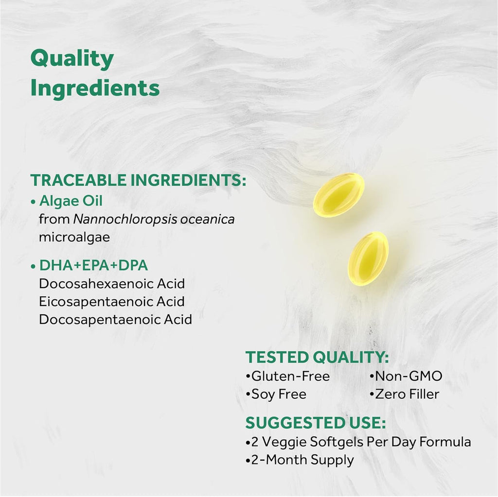 Vegan Omega 3 DHA, EPA & DPA from Algae | Vegan Society Certified, Sustainably Sourced, True Full Spectrum | 120 Veggie Softgels (Carrageenan Free)