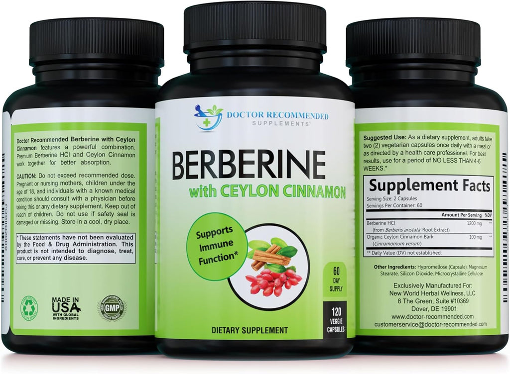 DOCTOR RECOMMENDED SUPPLEMENTS Berberine with Ceylon Cinnamon - 1200mg Berberine & 100mg Organic Ceylon Cinnamon - 120 Veggie Capsules, (Pack of 3)