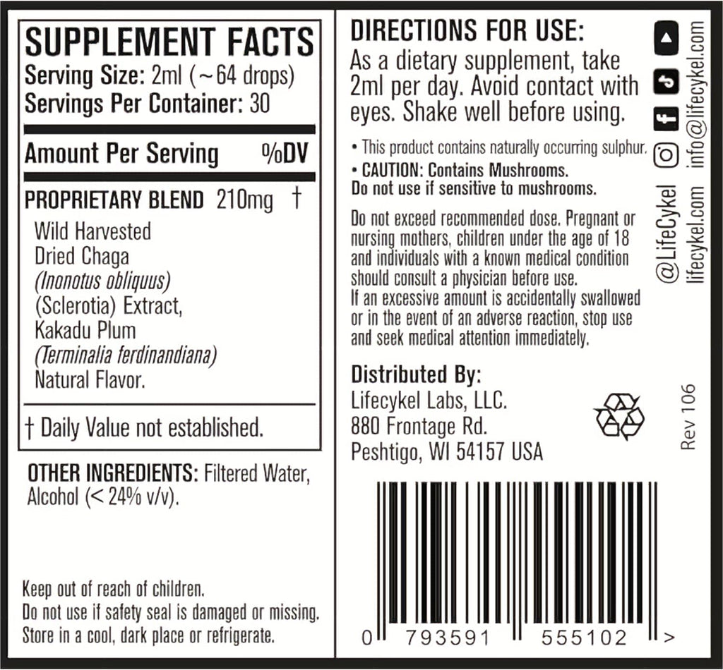 Life Cykel - Chaga Mushroom Extract with Kakadu Plum - Double Extracted Mushroom Tincture - Non-GMO Immune Support Supplement for Adults and Kids - 4 Fl Oz
