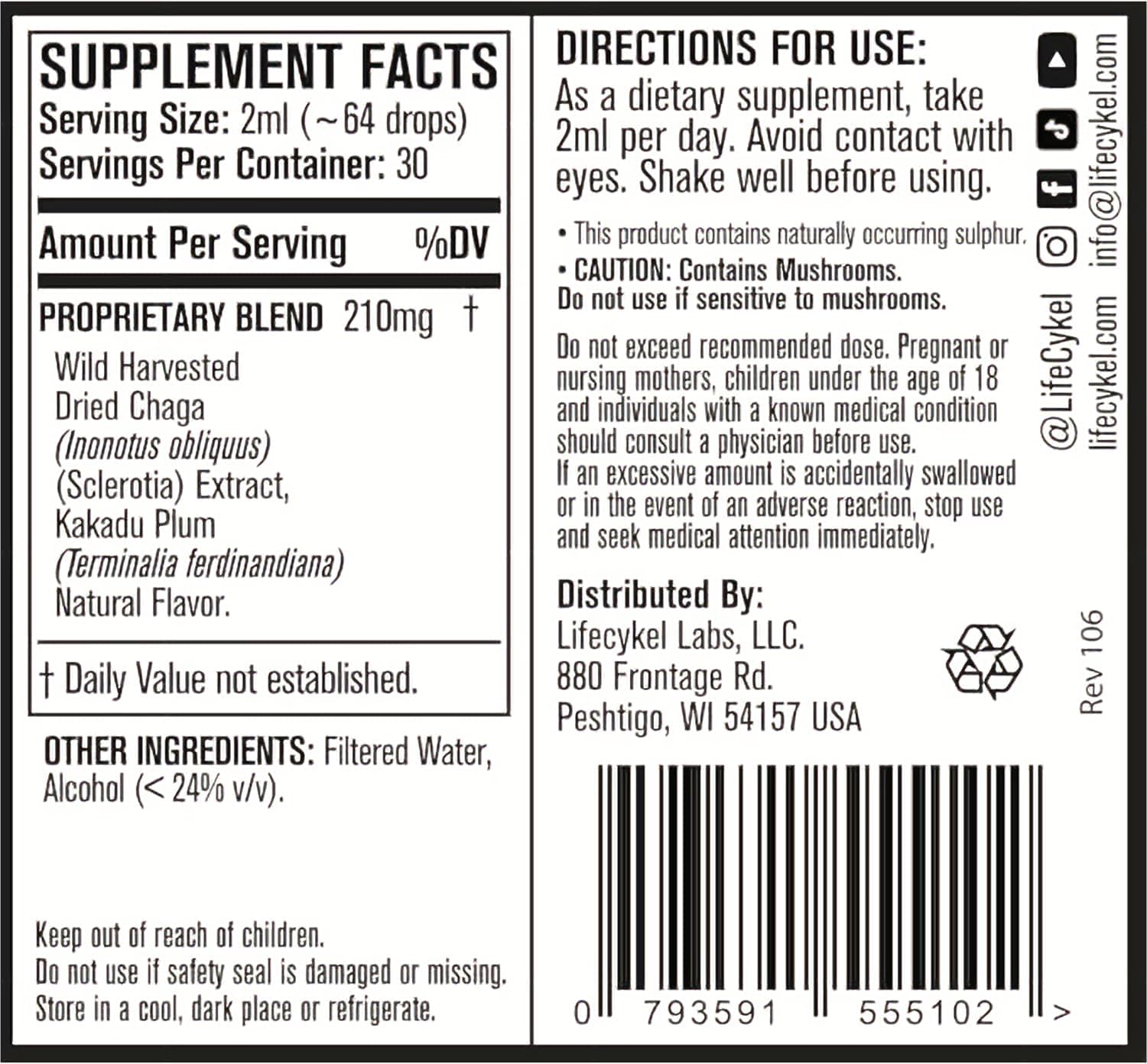 Life Cykel - Chaga Mushroom Extract with Kakadu Plum - Double Extracted Mushroom Tincture - Non-GMO Immune Support Supplement for Adults and Kids - 4 Fl Oz