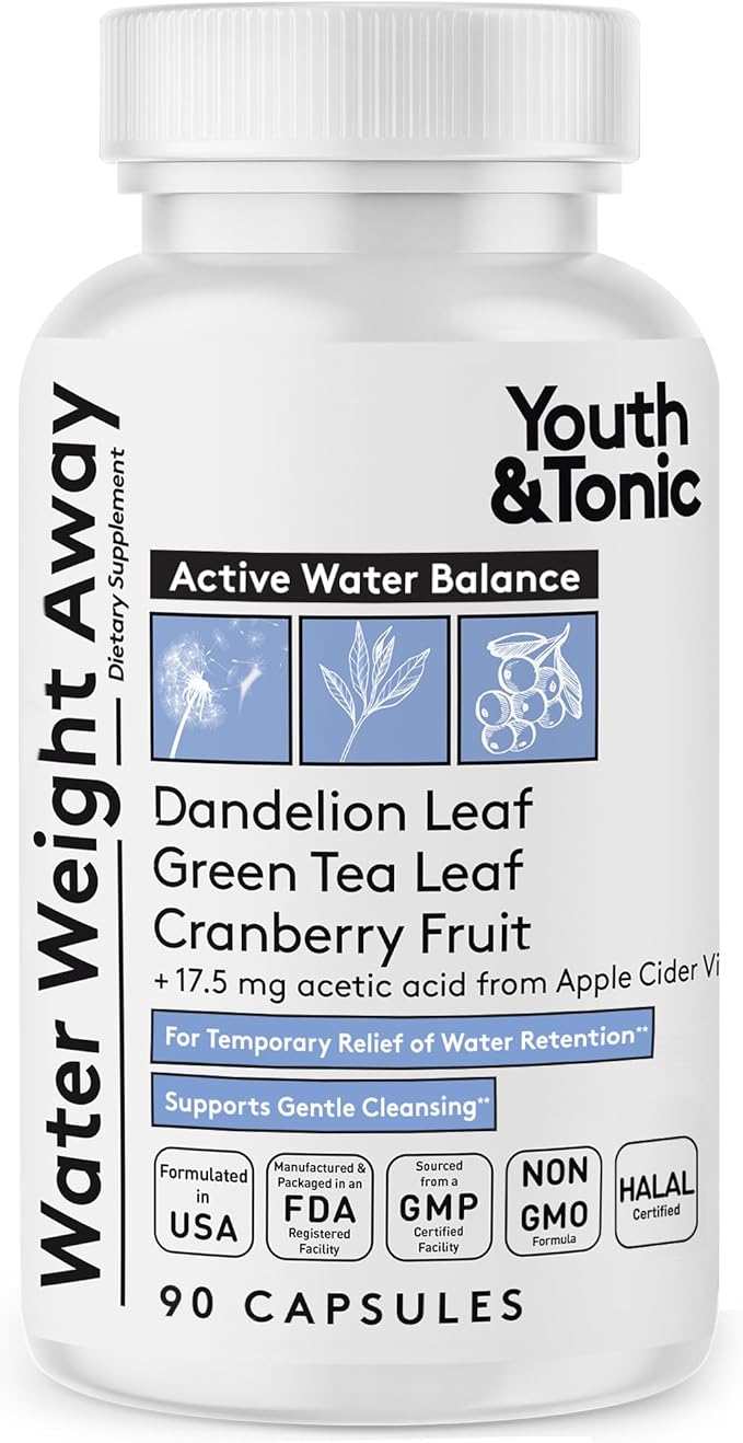 Youth & Tonic Water Weight Away – Herbal Diuretics for Water Retention & Bloating Support – with Potassium & Vitamin B6 for Fluid Balance – 90 Pills for Belly Bloat, Leg & Feet Swelling Support