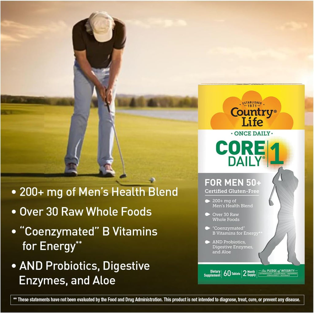 Country Life CORE Daily-1 Multivitamin for Men 50+ - Gluten-Free, Energy Support with Coenzymated B Vitamins, Probiotics, Whole Food and Digestive Enzymes, Certified Gluten Free, 60 Tablets