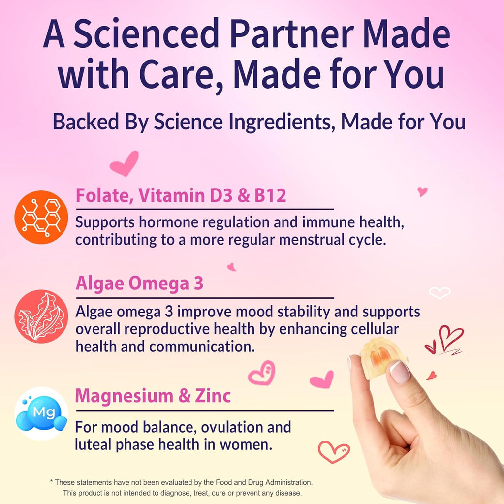 Myo-Inositol & D-Chiro Inositol, Hormone Balance for Women | Sugar Free Inositol Gummies w/Omega 3, MTHF Folate, Vitamin D3, B12, Magnesium & Zinc for Ovarian Health, Ideal 40:1 Ratio, Vegan, 60 Cts