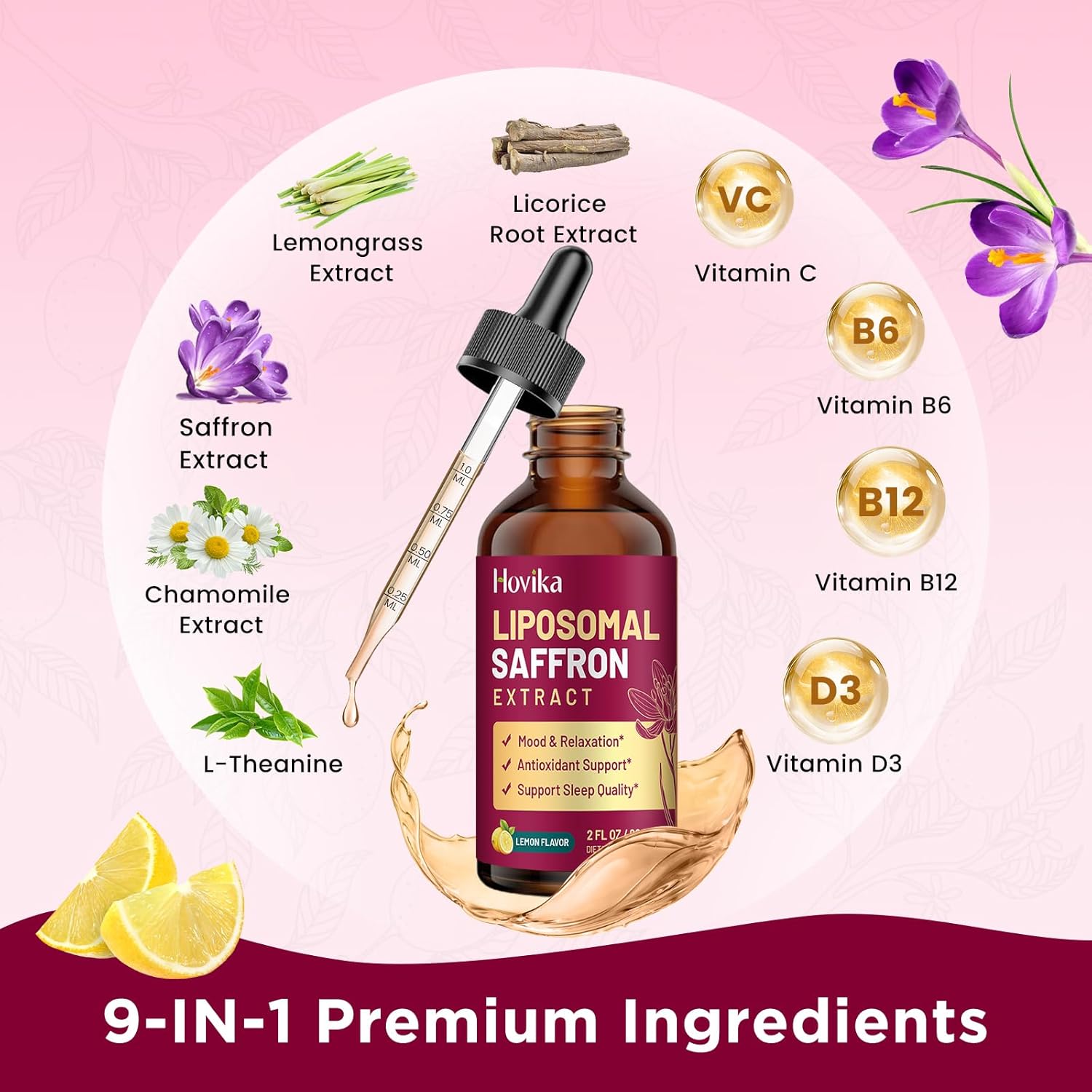 Liposomal Saffron Supplements - 88.5mg Saffron Extract Liquid Drops with L-Theanine, Chamomile, Vitamin C, B6, B12 & D3 for Antioxidant, Immune, Mood, Energy, Focus & Sleep - 2 Fl Oz Lemon Flavor
