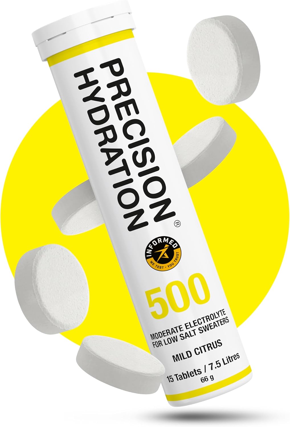 Precision Hydration Electrolyte Tablets - Multi Strength Effervescent Hydration Tablets - Combats Cramp - Low Calorie, Gluten Free, Vegan/Vegetarian Friendly (1 Tube, 500mg/L - Yellow Tube)