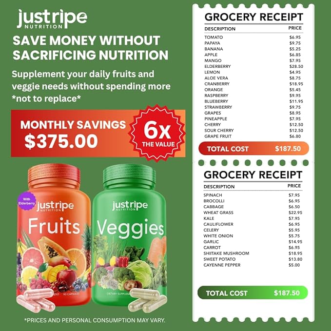 Fruits and Veggies Supplement - 90 Fruit and 90 Vegetable Capsules - 100% Whole Natural Superfood - Filled with Super Greens Vitamins and Minerals - Supports Balance Energy Levels (1 Pack)