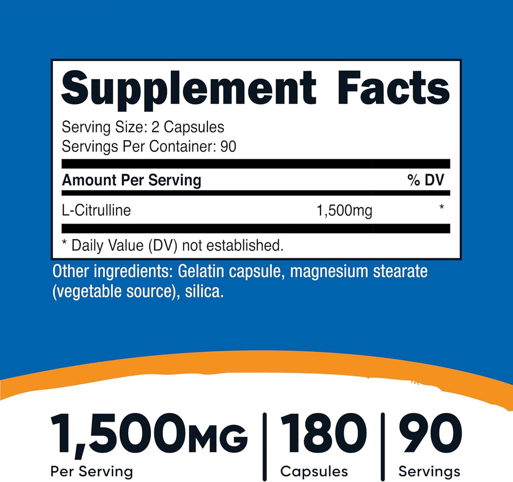 Nutricost L-Citrulline 1500mg, 180 Capsules - 750mg Per Capsule, Gluten Free, Non-GMO, Packaging May Vary