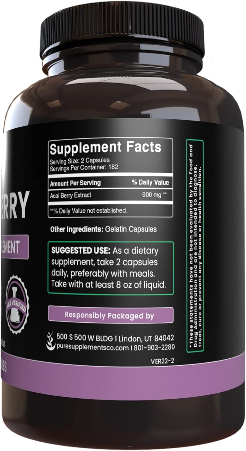 PURE ORIGINAL INGREDIENTS Acai Berry (365 Capsules) No Magnesium Or Rice Fillers, Always Pure, Lab Verified