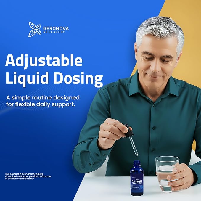 Geronova Research The R-Lipoic Solution, 2 fl oz – Potassium-Stabilized R-Lipoic Acid Liquid for Healthy Aging, Supports Nerve Health, and Cellular Balance – Fast-Absorbing 3-Ingredient RLA Drops
