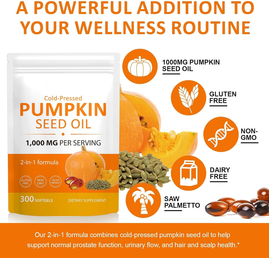 Pumpkin Seed Oil Capsules, 2-in-1 Formula with Saw Palmetto for Hair, 1000mg 300Softgels Rich in Fatty Acids | Supports Hair Heart