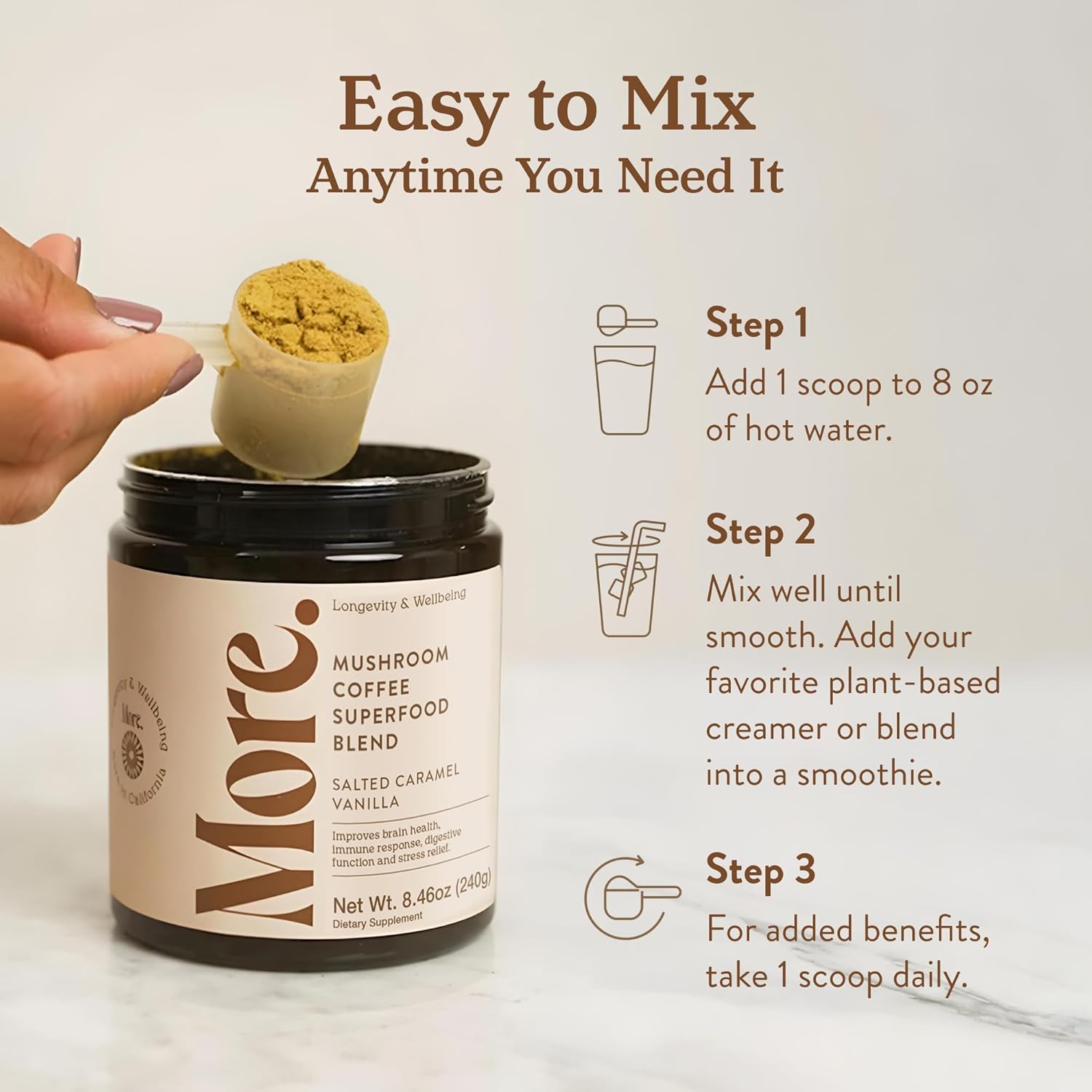 More. Longevity & Wellbeing Mushroom Coffee Superfood – 7 Functional Mushrooms with Lion’s Mane, Reishi, Chaga & Ashwagandha Extract, Instant Coffee Alternative with Prebiotics and Essential Vitamins for Focus & Energy, Salted Caramel Vanilla