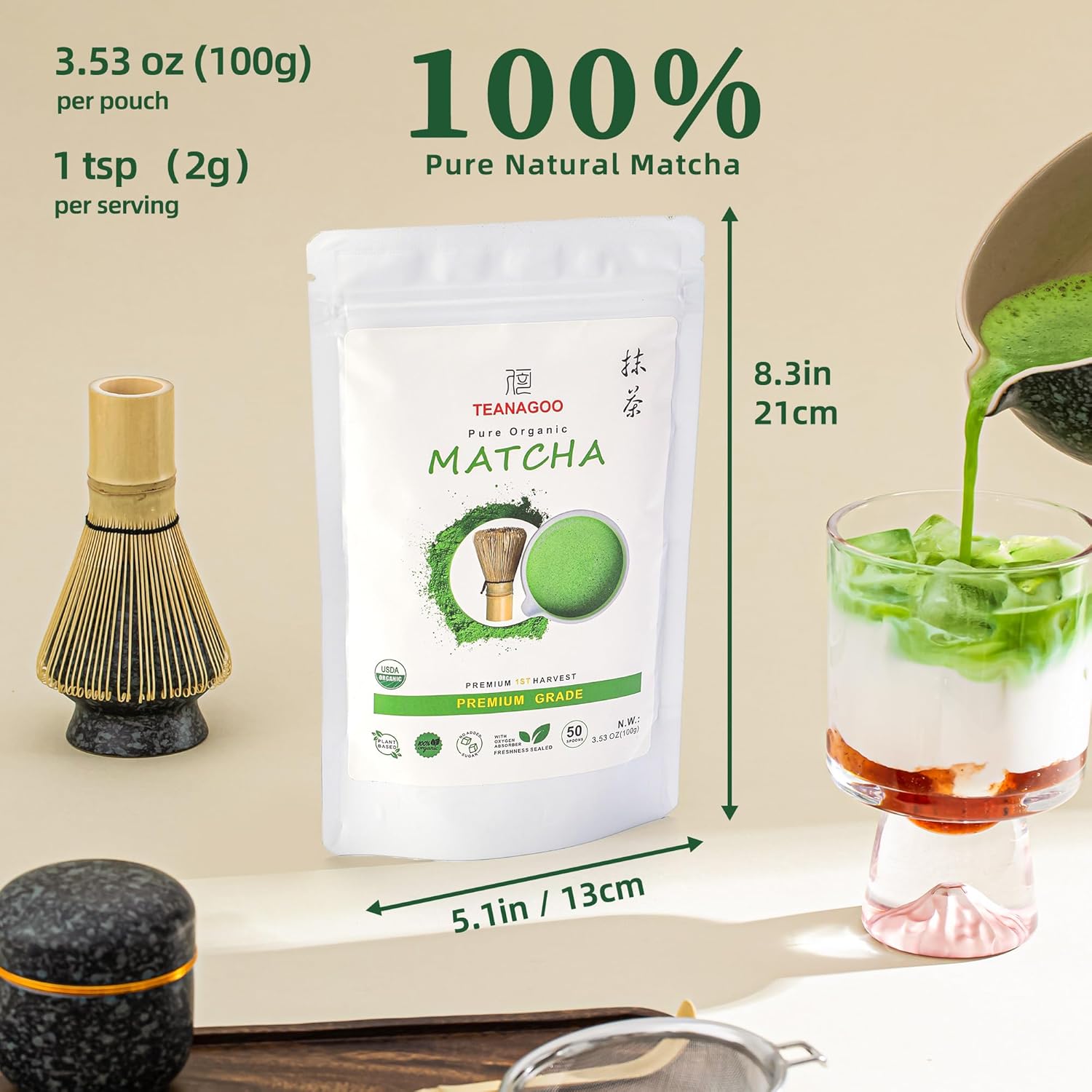 TEANAGOO Premium Grade Matcha Powder, Matcha Green Tea for Premium Latte/Breakfast Beverage/Daily Green Tea, USDA Organic Ceremony Tea, Unsweetened No Additives, First Harvest, 3.53oz(100g)