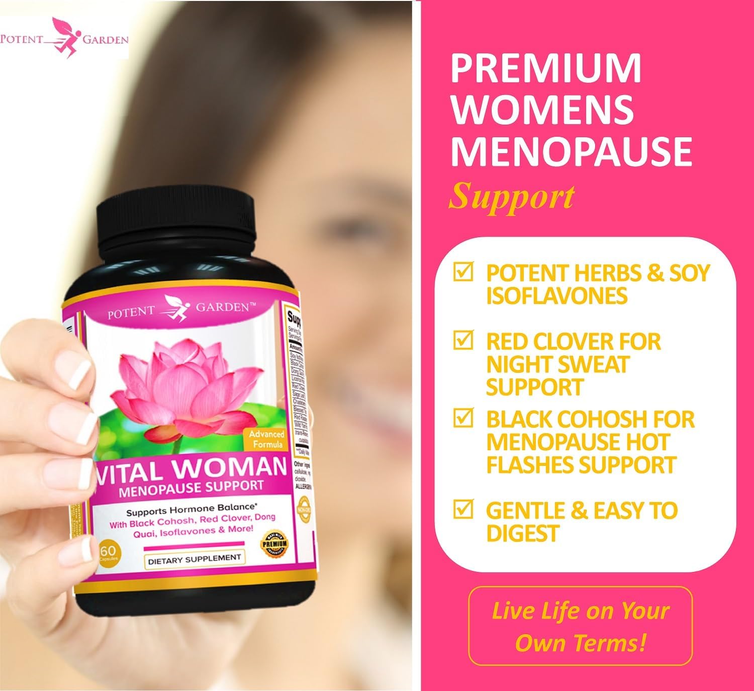 Potent Garden Menopause Relief Supplement with Black Cohosh, Soy Isoflavones, and Don Quai, Hot Flash Relief & Night Sweats Relief for Women, Non-GMO, 60 Capsules, 30 Servings