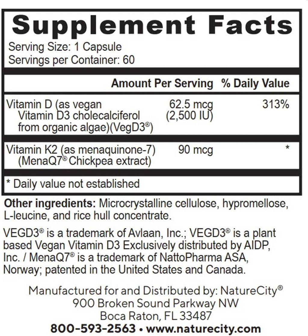 NatureCity TrueK2D3 Plant Based Vitamin K2 MK7 (90 mcg) & D3 from Algae(2,500 IU) 2 in 1 Vitamin D3 K2 Supplement for Bone, Heart and Immune Health – 60 Veggie Capsules