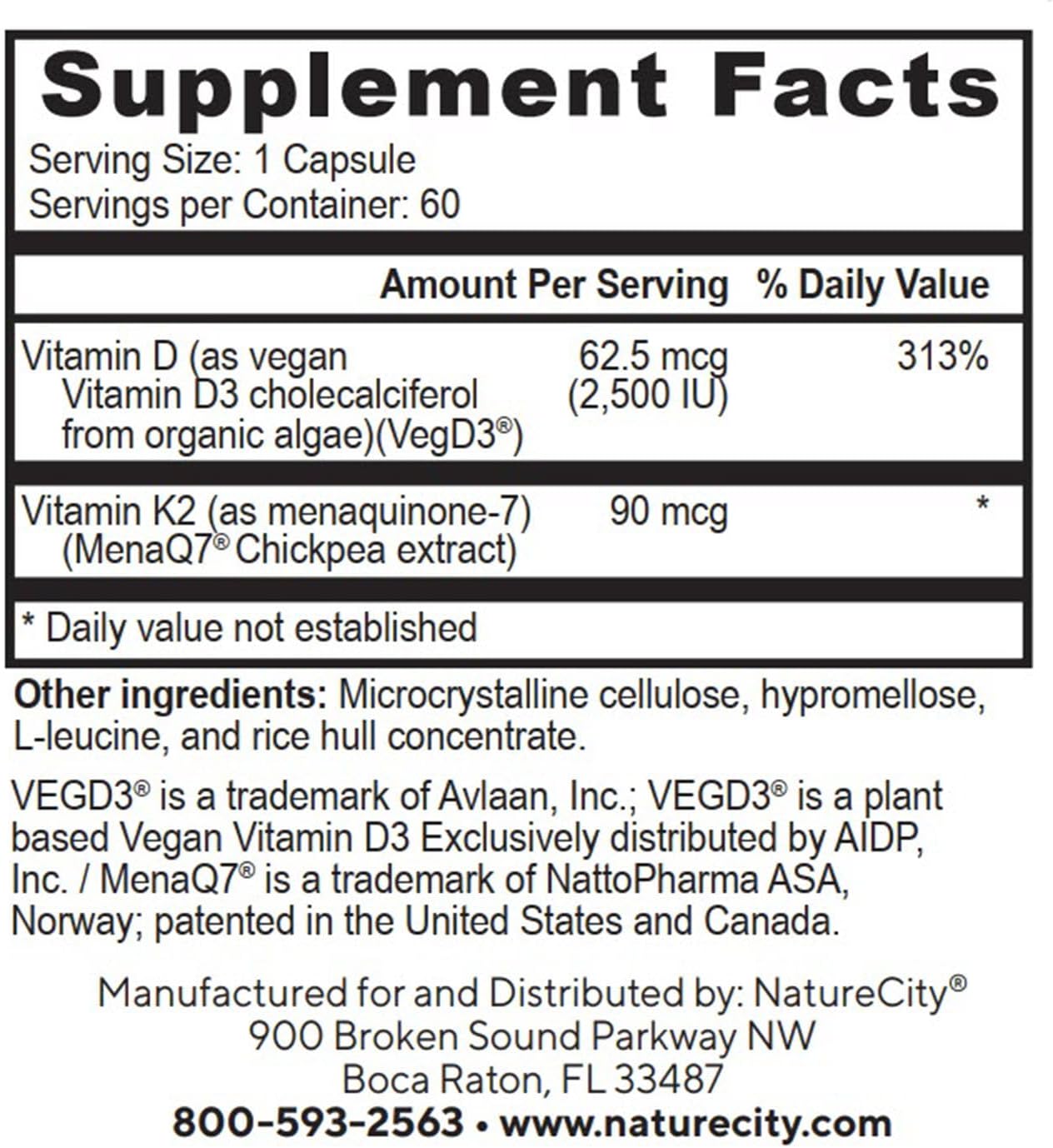 NatureCity TrueK2D3 Plant Based Vitamin K2 MK7 (90 mcg) & D3 from Algae(2,500 IU) 2 in 1 Vitamin D3 K2 Supplement for Bone, Heart and Immune Health – 60 Veggie Capsules