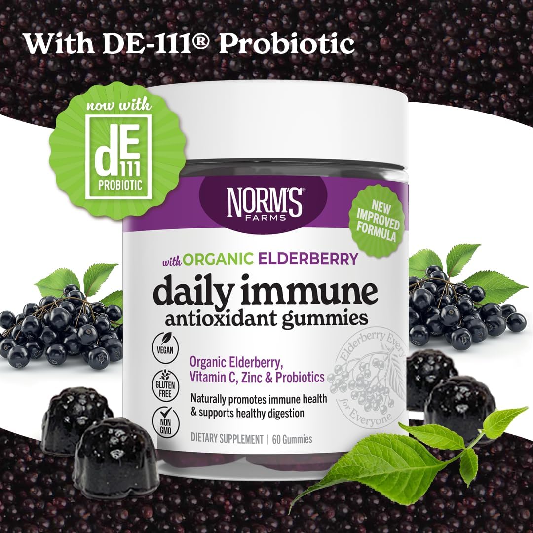 Norm's Farms Organic Elderberry Gummies - Daily Immune Support for Adults & Kids with Zinc, DE111 Probiotic, Vitamin C - Made in USA, 3rd Party Tested - Vegan, Gluten-Free, Kosher, Non-GMO, 60 Gummies
