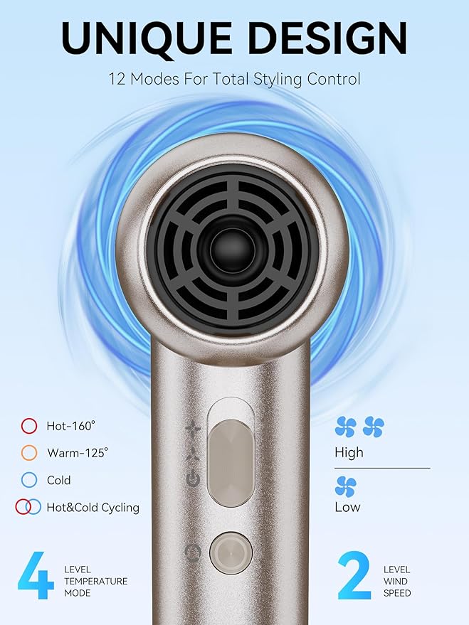 Hair Dryer,160000 RPM Professional HighSpeed lonic Blow Dryer for Fast Drying 500 Million Negative lons Blow Dryer with Diffuser for All Hair Types Lightweight for Home and Travel (Silver Brown)