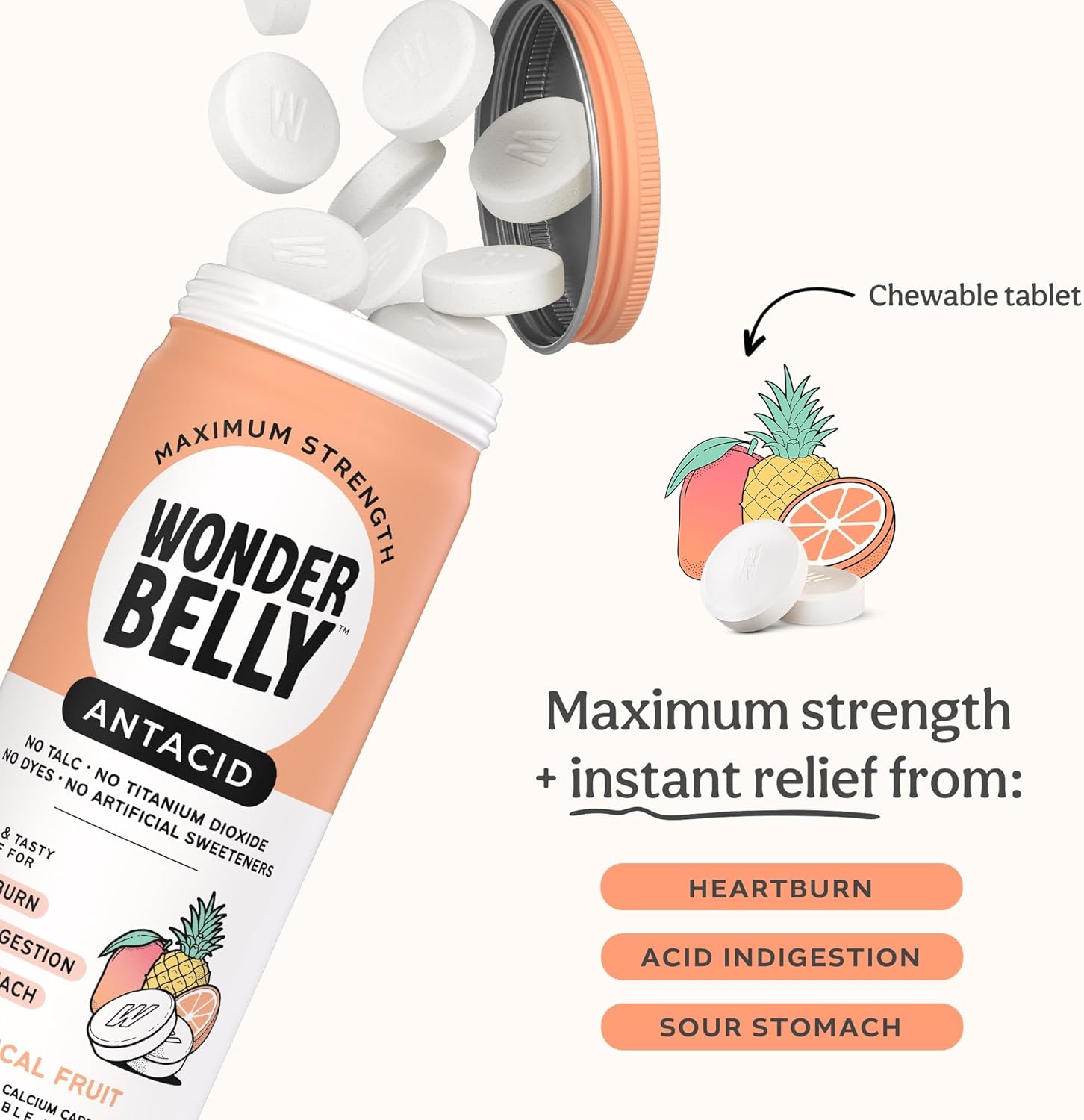 Wonderbelly Antacid, Effective Heartburn and Instant Acid Indigestion Relief, Extra Strength Chewable Tablets, 1000 mg Calcium Carbonate, No Talc or Dye, Tropical Fruit, 60 Count