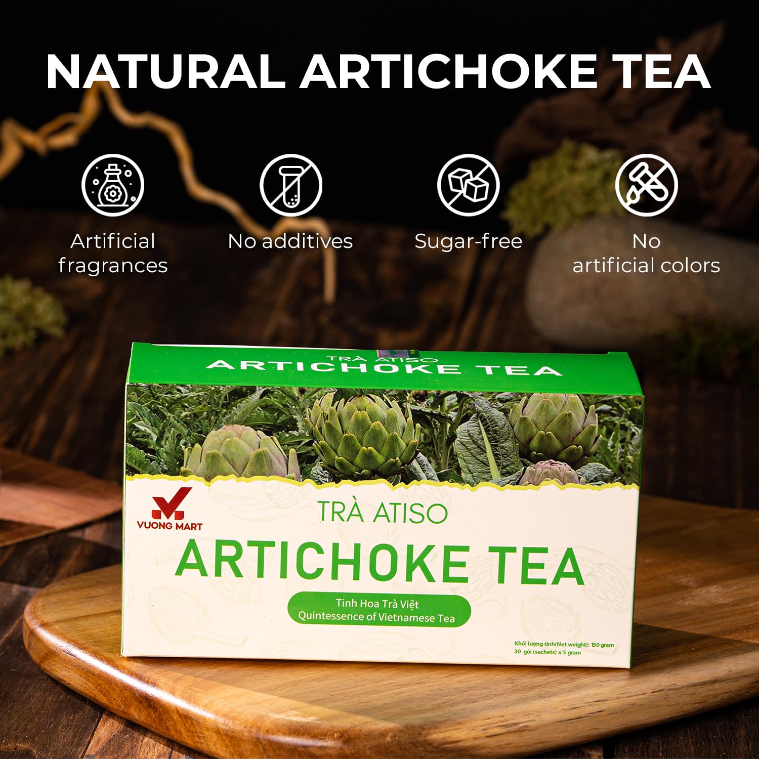 VUONGMART Artichoke Flower Tea, 100% Hand Pick, Stevia, Ming Aralia, Organic Herbal Tea, 30 Tea Bags, Gluten Free, Dairy Free, Sugar Free & Natural, Energy Boost & Health Support