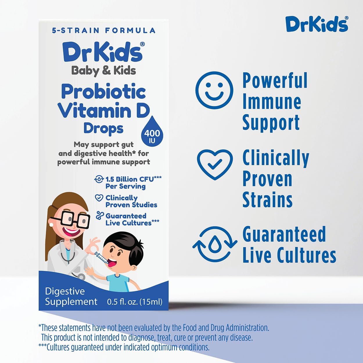 Dr. Kids Probiotic Vitamin D Drops - Supports Infant & Child Gut Health, Helps Reduce Gas, Colic & Fussiness, Baby Probiotic Drops with Vitamin D3, Pediatrician Recommended, Unflavored, 15ml (1 Pack)
