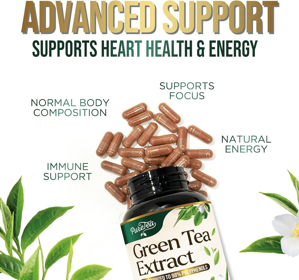 Green Tea Extract Capsules 1000mg with 98% Standardized Polyphenols & 45% EGCG for Heart Support with Antioxidants - 3X Absorption Green Tea Pills for Natural Energy, Gentle Caffeine - 120 Capsules