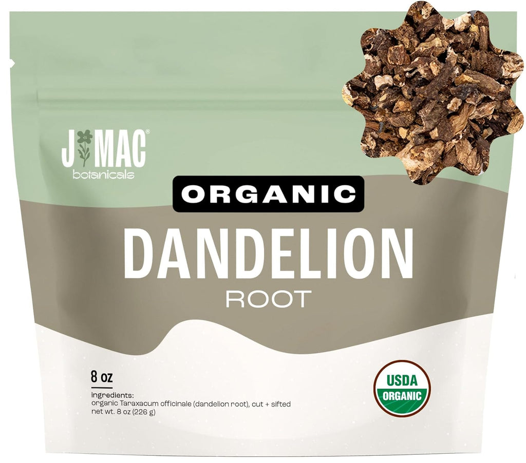 J Mac Botanicals Organic Dandelion Root (8 oz) unroasted, herb for tea and other infusions, Packaged in the USA, Certified USDA Organic