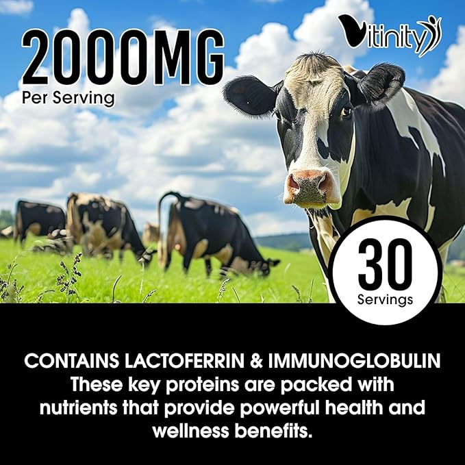VITINITY Grass Fed Bovine Colostrum Capsules for Humans - Natural IgG Colostrum Supplement for Gut Health, Immune Support, Muscle Recovery & Wellness | Pure Colostrum Superfood, Unflavored (120 Count)